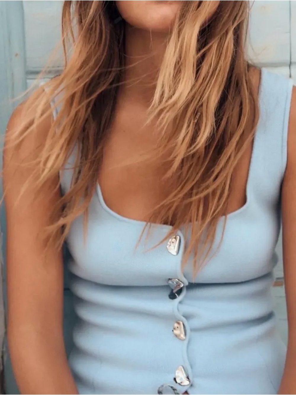 Zara Light Blue Plain Knit Vest Top with Silver Buttons - Size XS